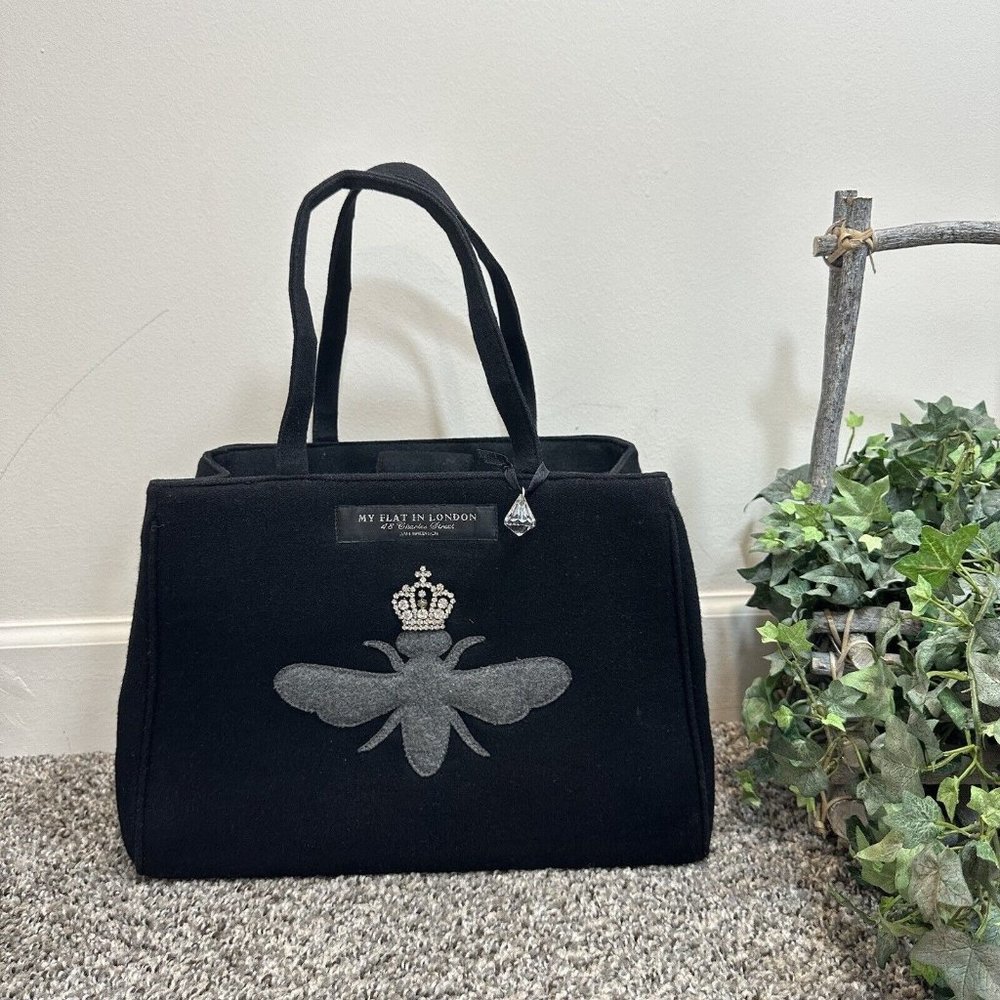 My Flat in London Black Tote Bag with Silver Bee Design